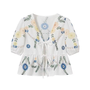 Floral print tie front v neck blouse