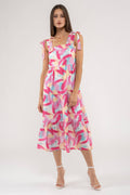 Brush Stroke Print Tiered Midi Dress