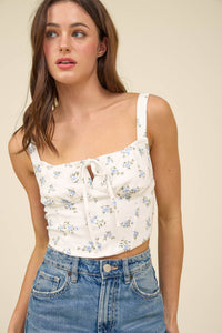 FLORAL SLEEVELESS FRONT DRAWSTRING CORSET CROP TOP