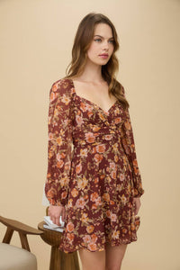 FLORAL SWEETHEART LONG SLEEVE BACK TIE MINI DRESS