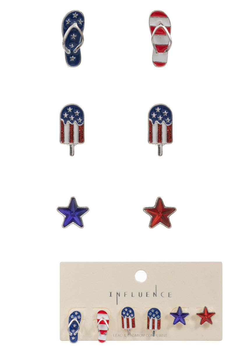 Star American Flag Enamel 3 Set Post Earrings