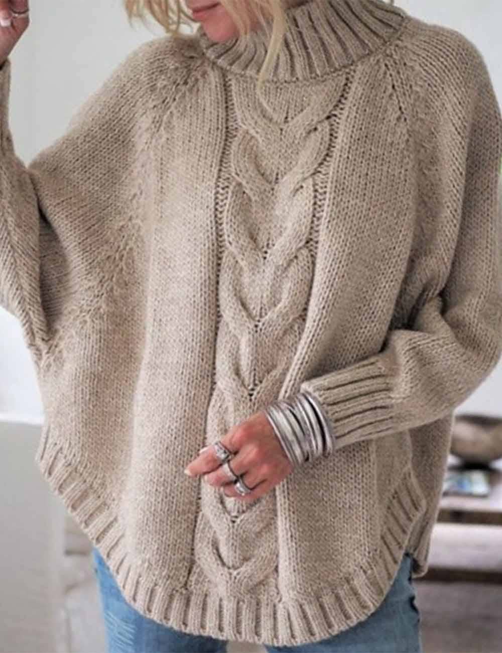 Ladies Solid Color Pullover Stand Collar Cable Sweater