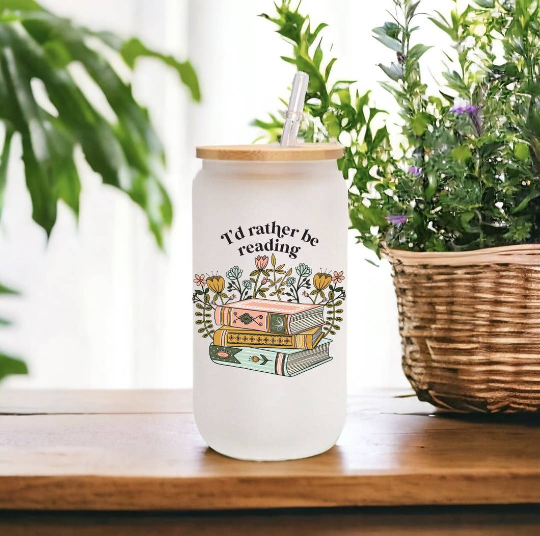 Books Glass Can, Reading, Glass Can with Lid + Straw