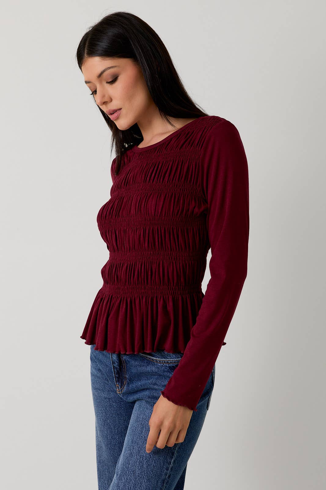 ROUND NECK LONG SLEEVE SMOCKED TOP