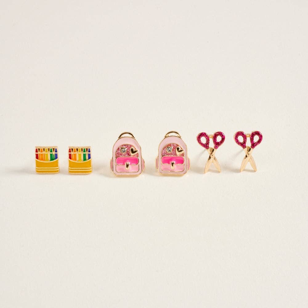 School Crayon Bookbag Scissor 3 Pair Earrings Set