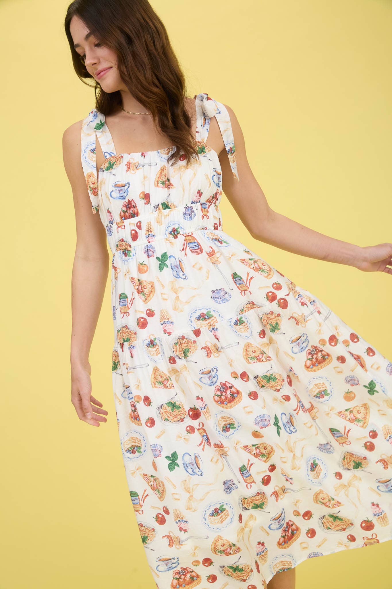 TEA TIME PRINT TIE STRAP MIDI DRESS