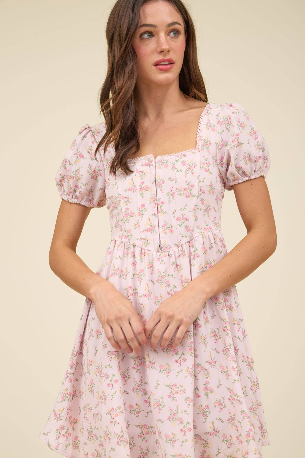 FLORAL LACE TRIM FRONT HOOK & EYE MINI DRESS