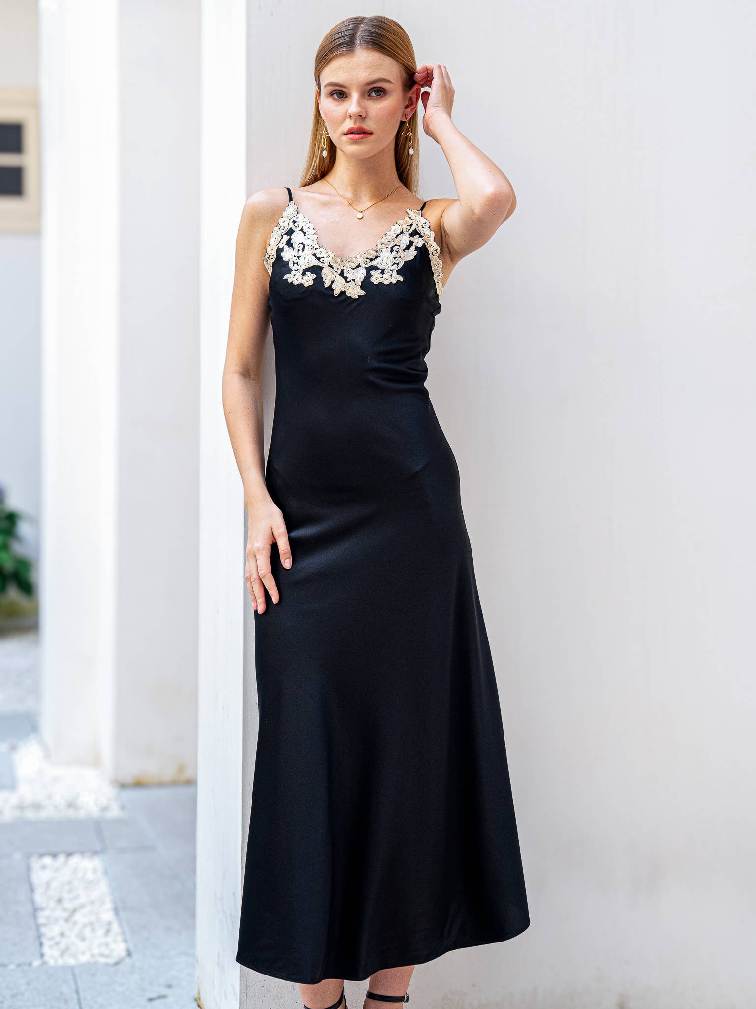 Silk Slip Dress with Lace Detail