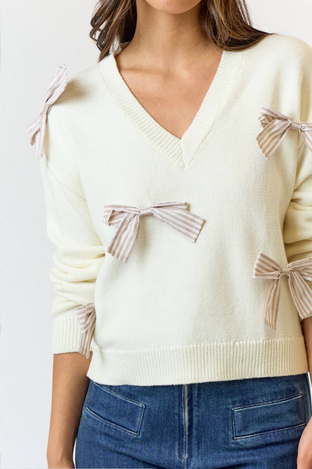 STRIPE BOW DETAIL V-NECK SWEATER TOP