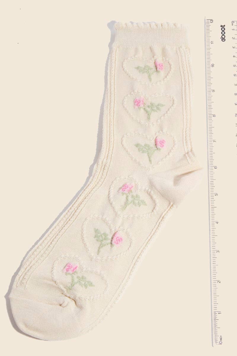 Beige Heart Halo Flower Embroidered Socks