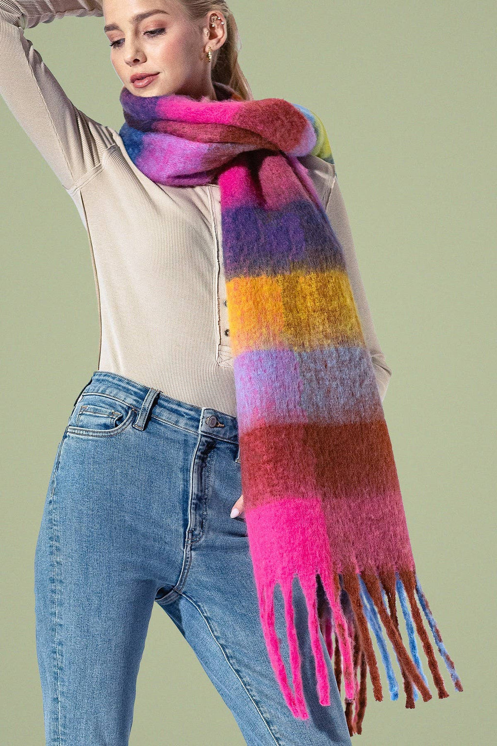 Yarn-dyed Checkered Fuchsia Fringe Scarf