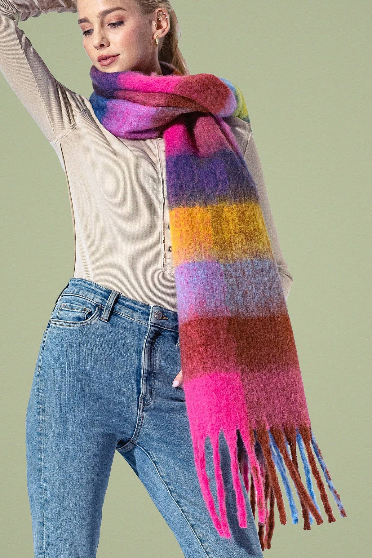 Yarn-dyed Checkered Fuchsia Fringe Scarf