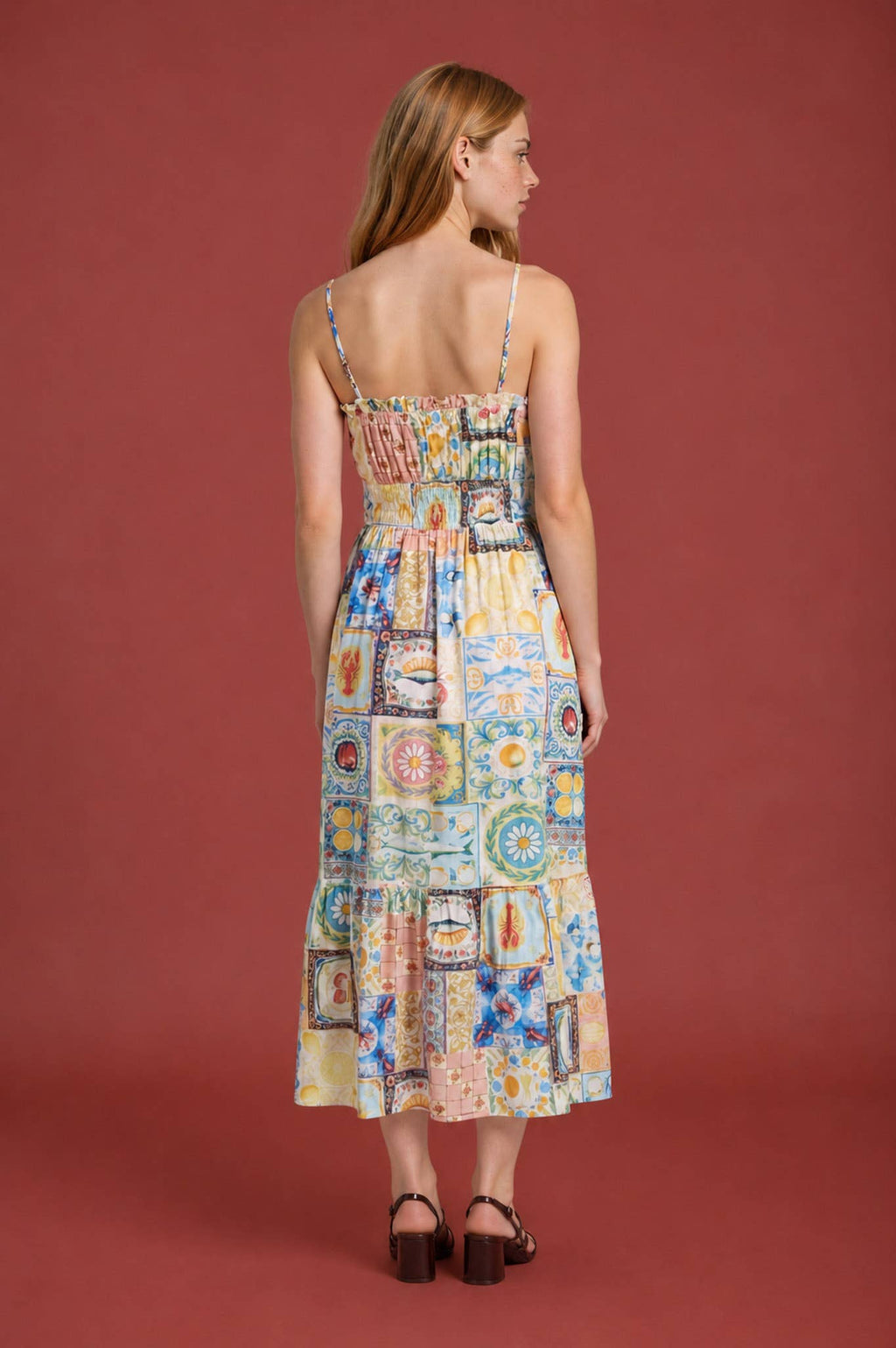 POSITANO MOTIF SPAGHETTI STRAP SIDE STRAP MIDI DRESS